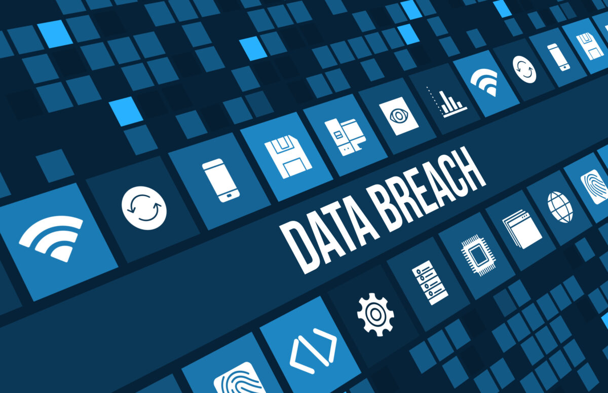 Graphic of different technology symbols with data breach spelt in the center.