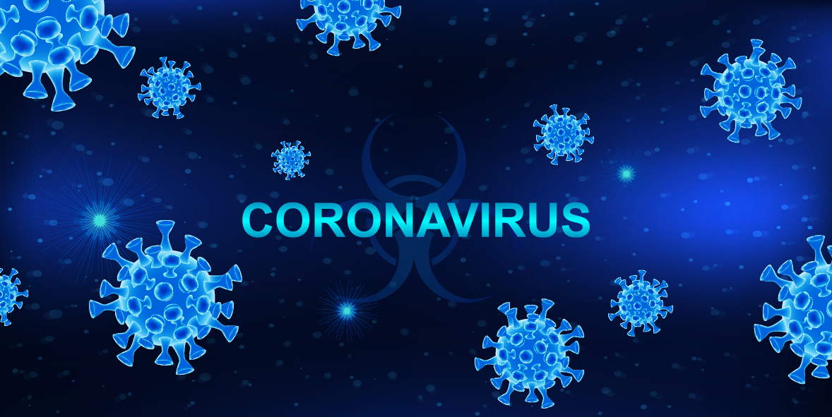 Coronavirus graphic with molecules floating around the text (Coronavirus).